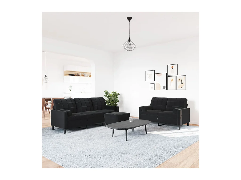 Conjunto de sofá de 3 piezas con cojines y almohadones de terciopelo negro