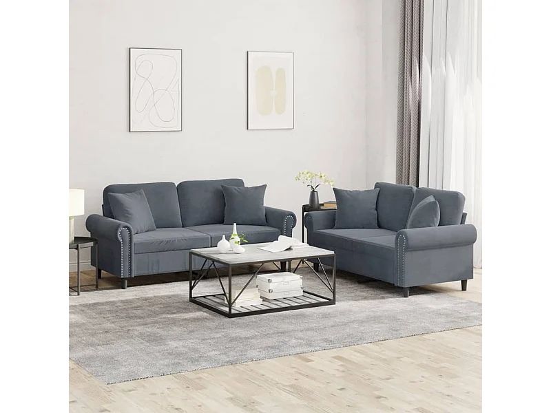 Conjunto de sofá de 2 piezas con cojines de terciopelo gris oscuro