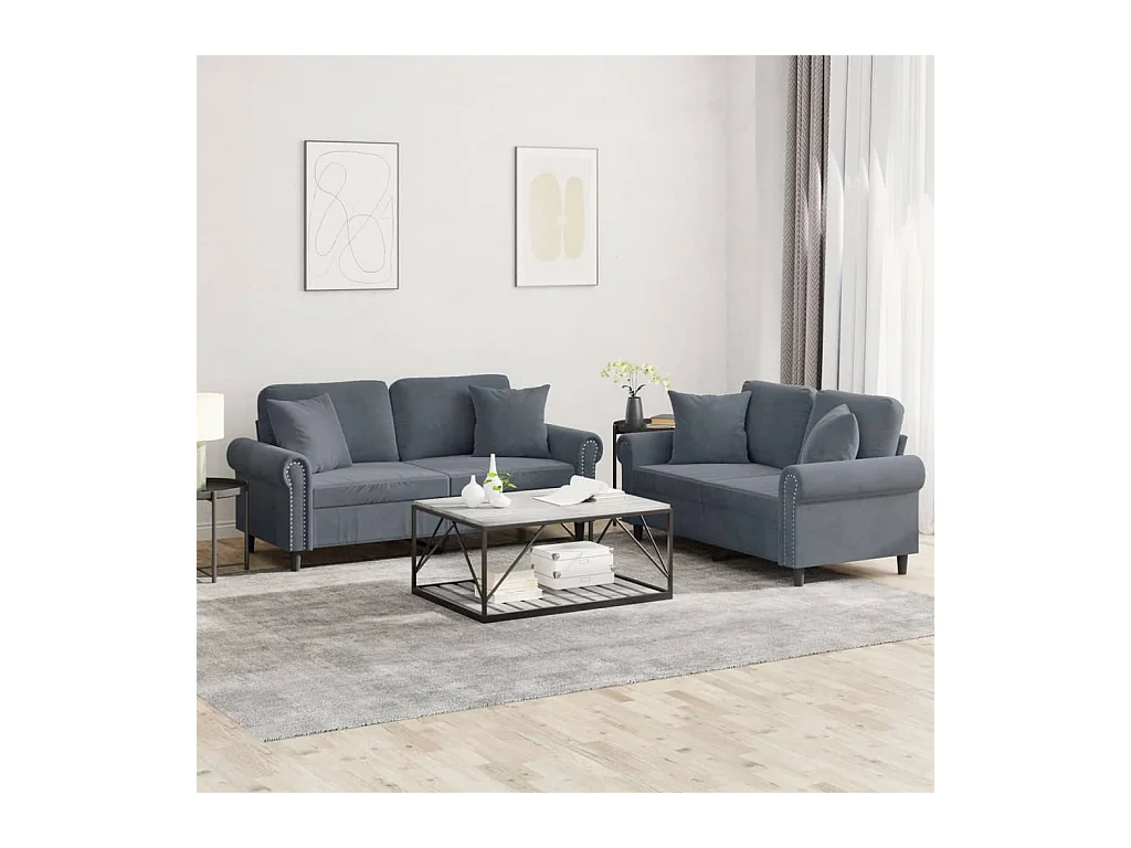 Conjunto de sofá de 2 piezas con cojines de terciopelo gris oscuro