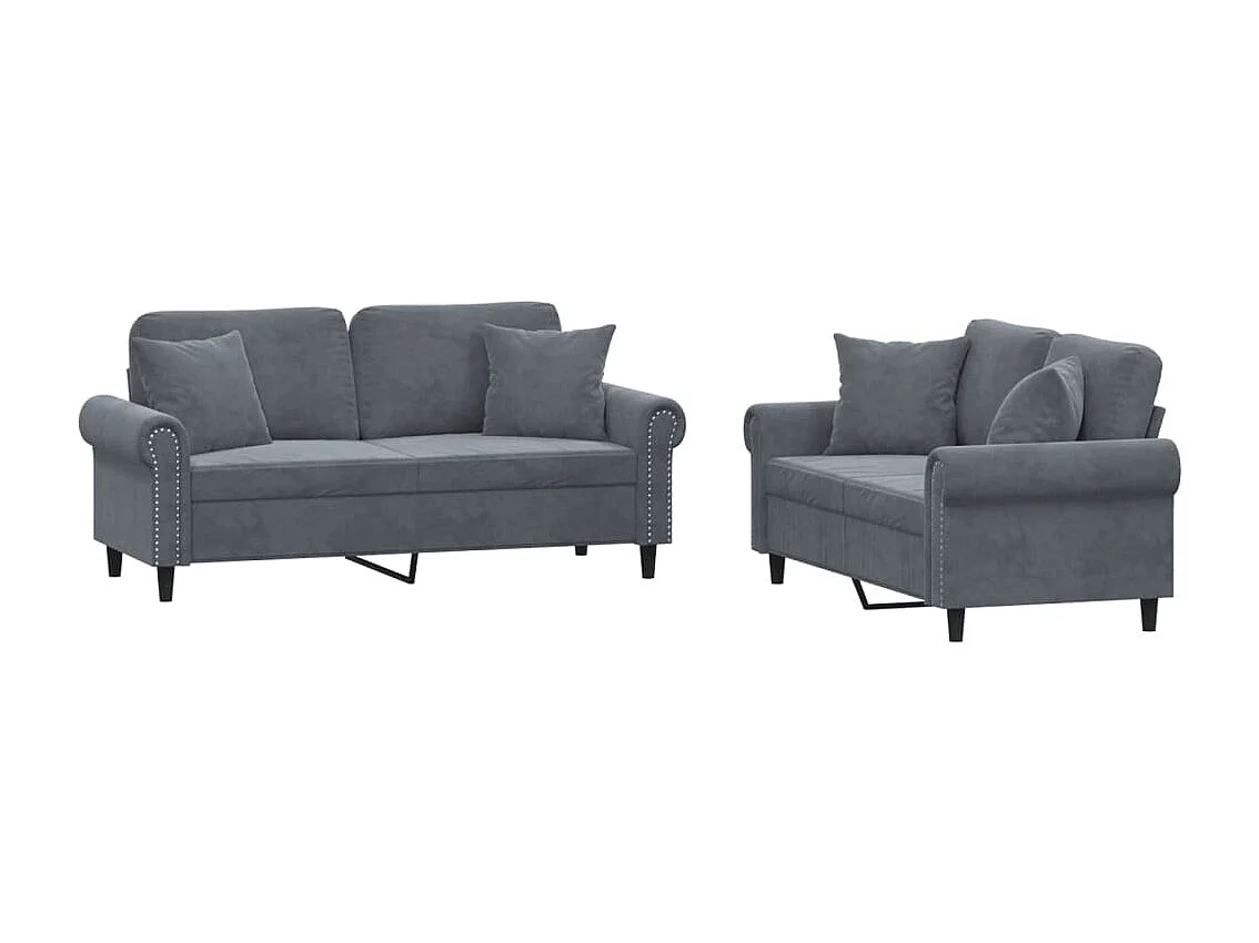 Conjunto de sofá de 2 piezas con cojines de terciopelo gris oscuro
