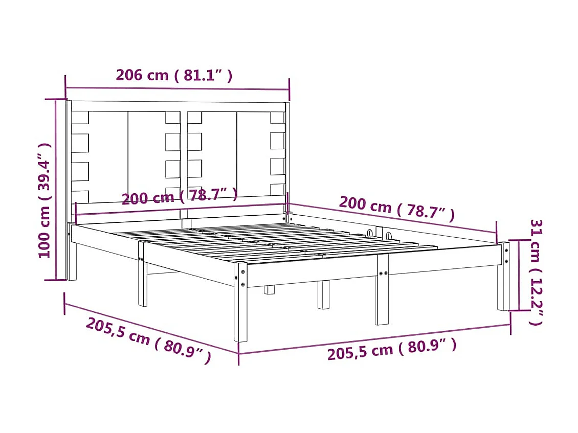 Struttura letto senza materasso 200x200 cm in legno massello di pino