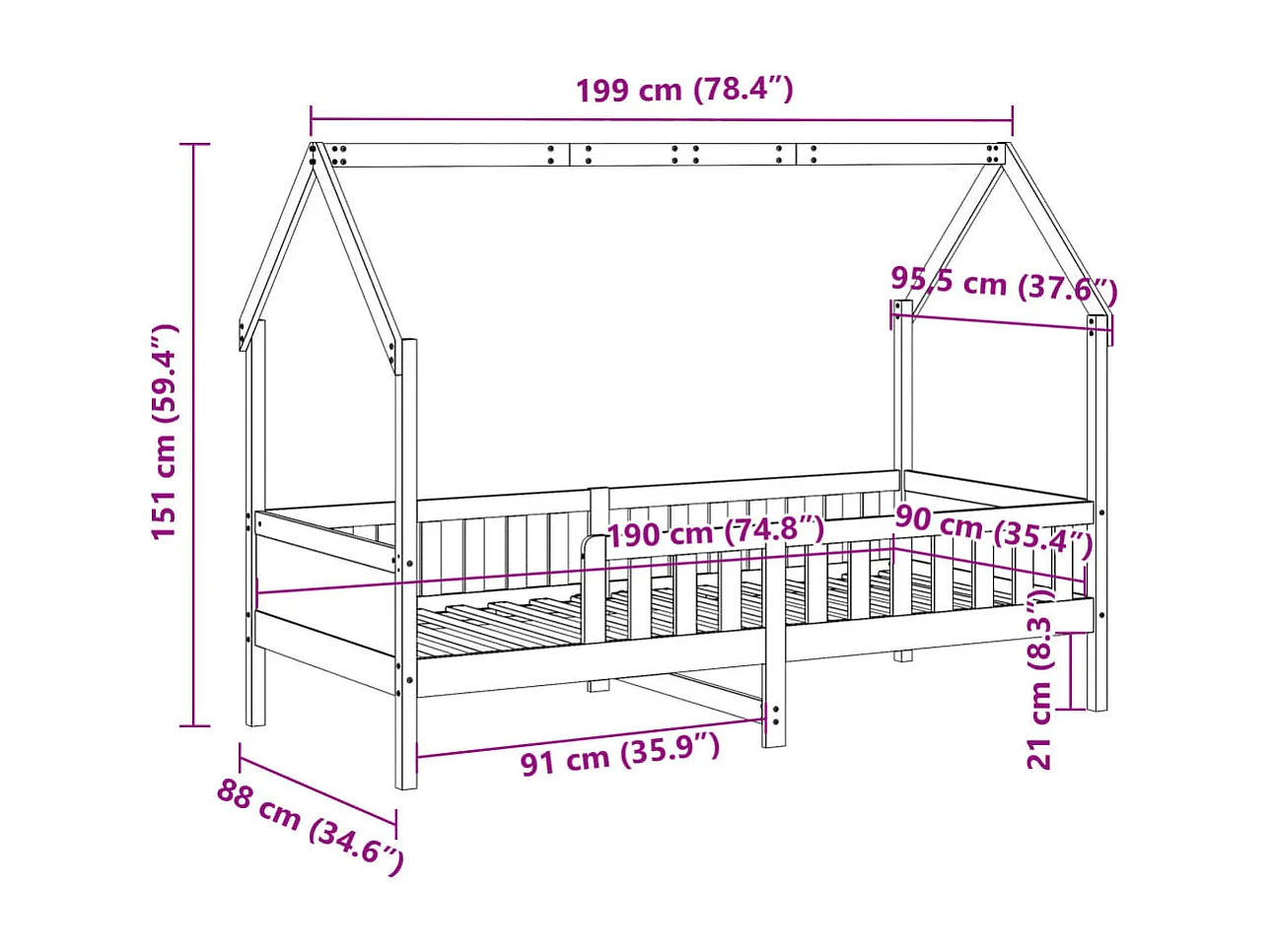 Struttura letto per bambini a forma di casa senza materasso in pino