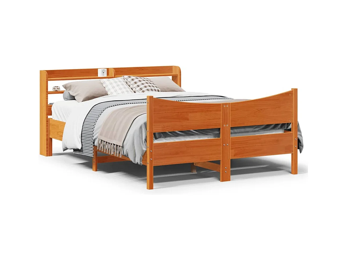 Estructura de cama y cabecero encerados color marrón 120x200 cm madera de pino