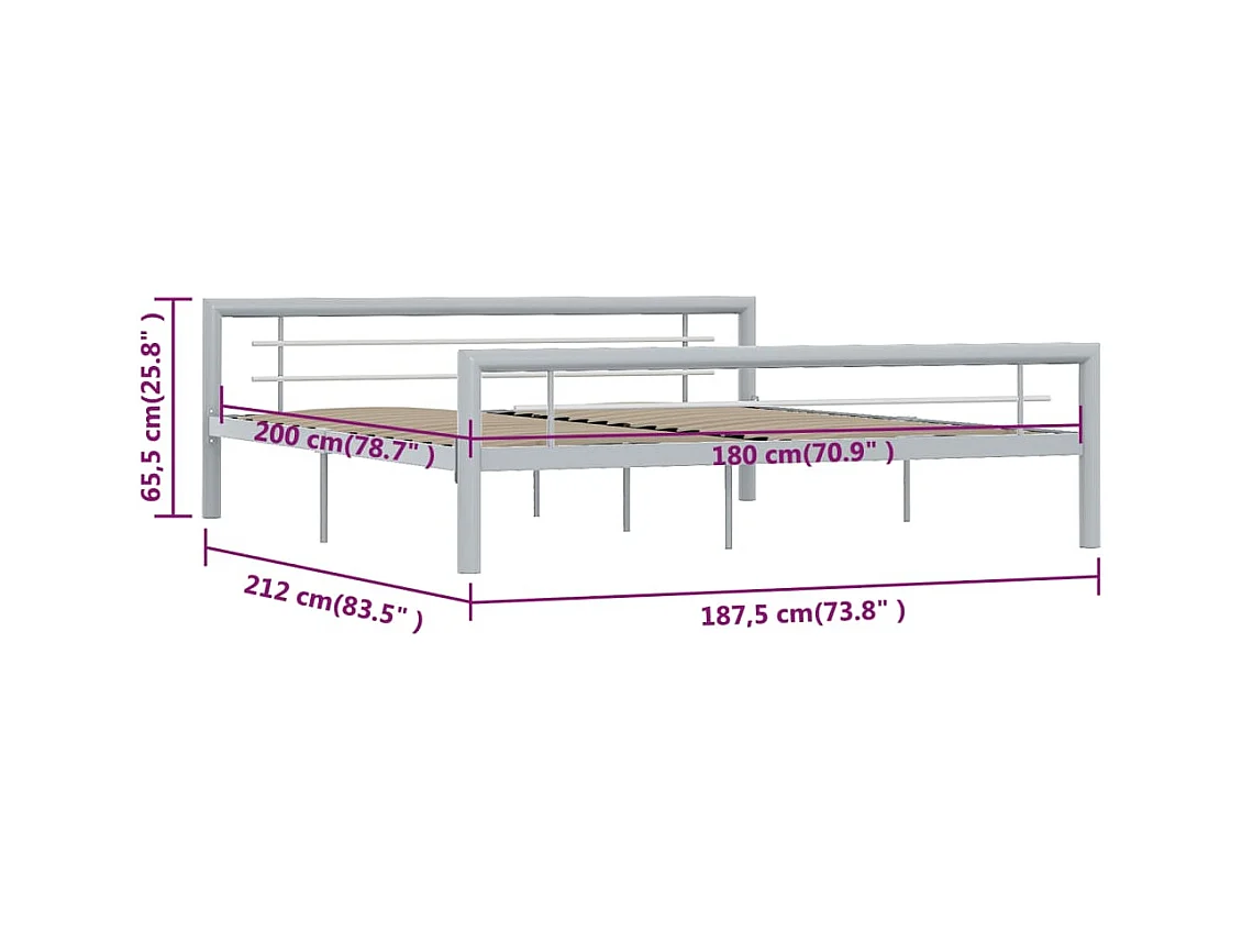Cadre de lit sans matelas gris et blanc métal 180x200 cm