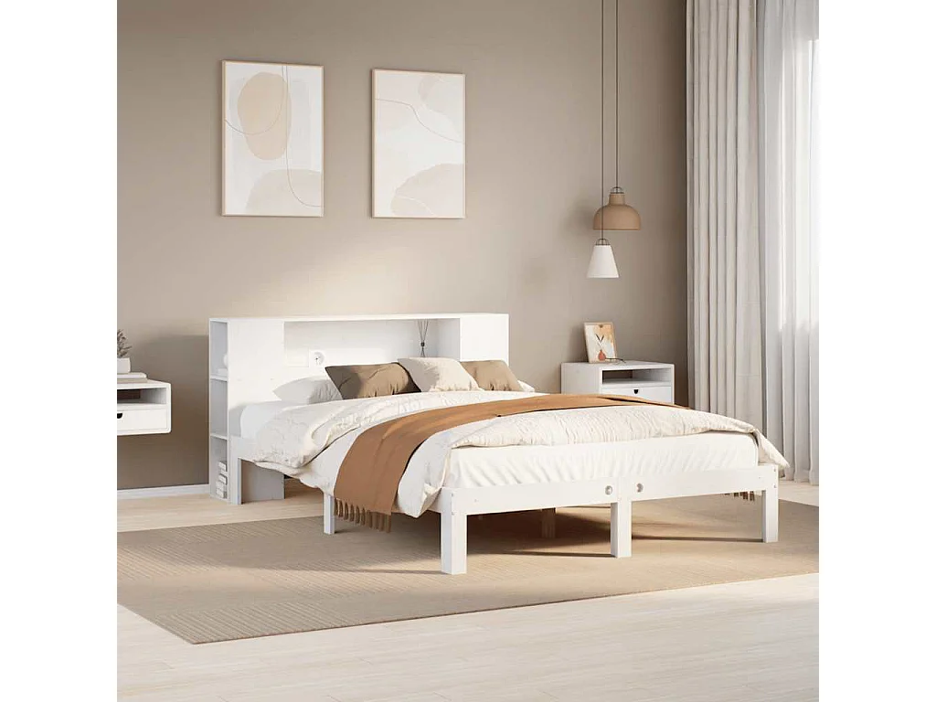 Letto libreria bianco senza materasso 135x190 cm in legno massello di pino