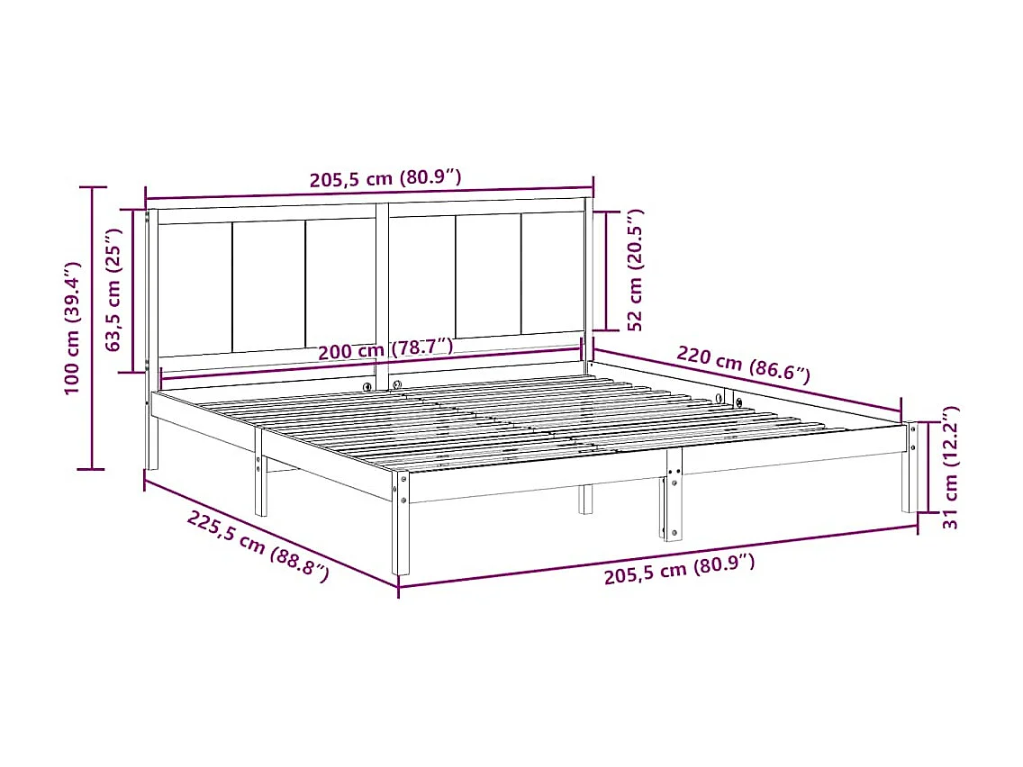 Struttura letto extra lunga senza materasso 200x220 cm in legno massello