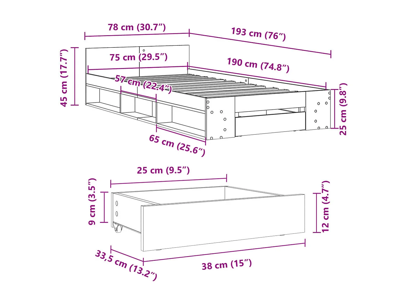 Cadre de lit avec tiroir sans matelas chêne sonoma 75x190 cm