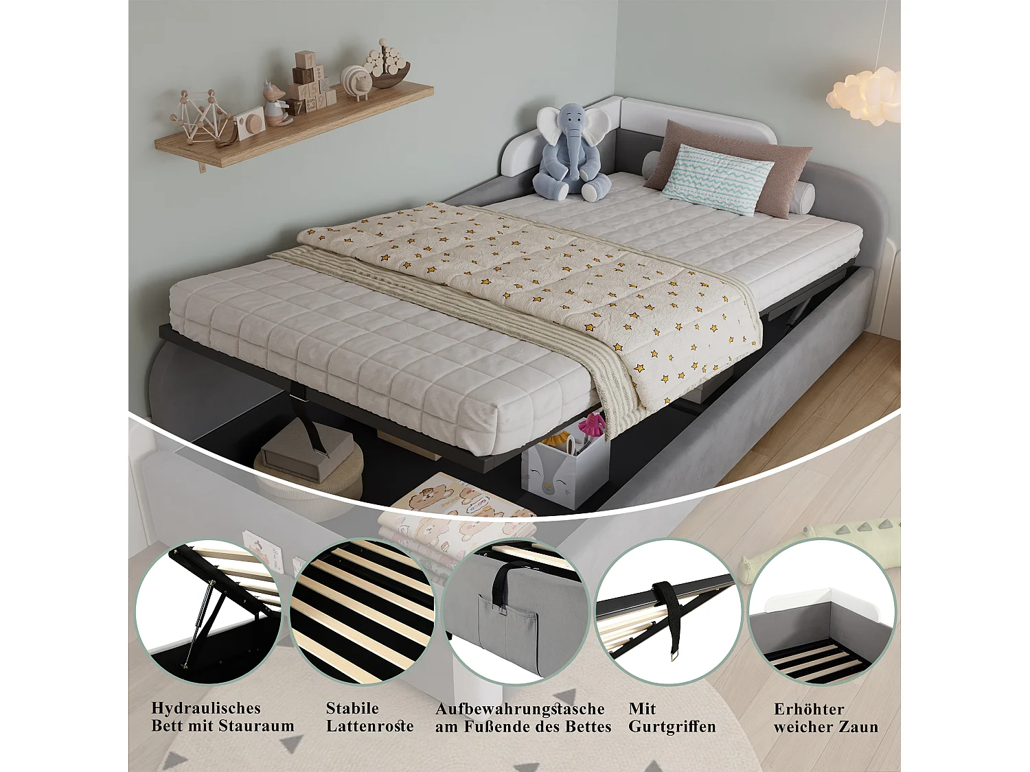 Lit enfant 90x200 cm, avec rangement hydraulique, tissu en velours, barrières de sécurité, gris (205x93.5x71 cm)