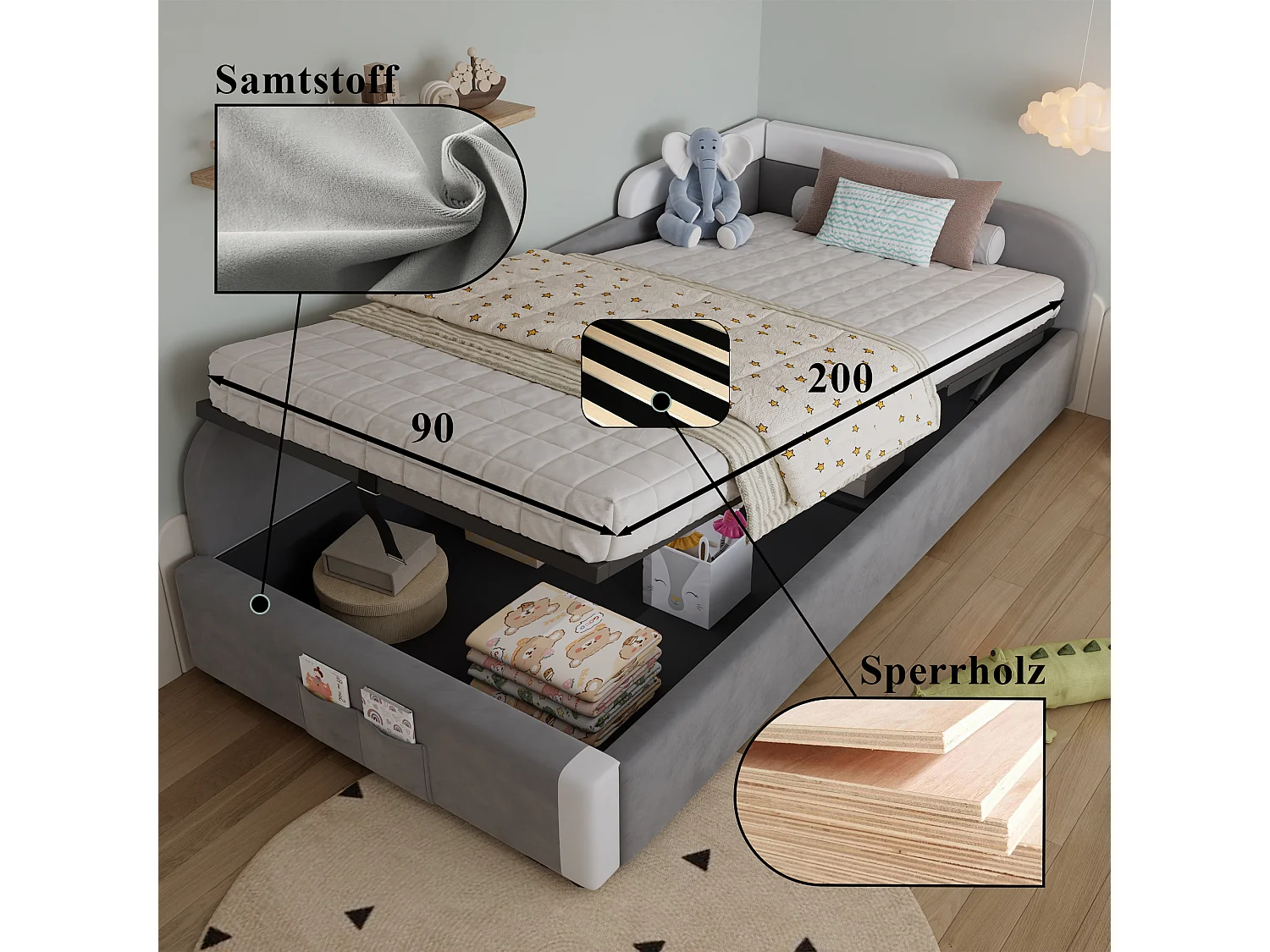 Lit enfant 90x200 cm, avec rangement hydraulique, tissu en velours, barrières de sécurité, gris (205x93.5x71 cm)