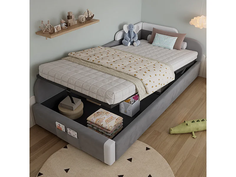 Lit enfant 90x200 cm, avec rangement hydraulique, tissu en velours, barrières de sécurité, gris (205x93.5x71 cm)