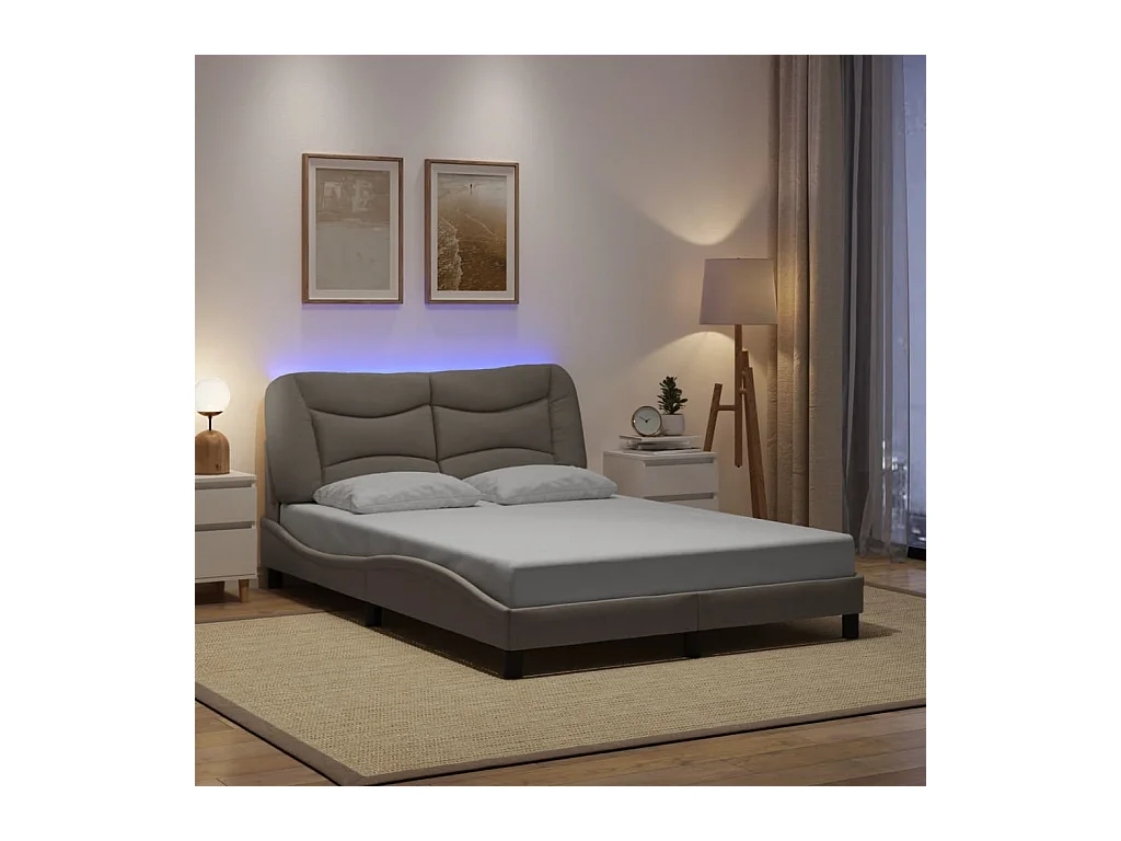 Struttura letto con LED senza materasso in tessuto tortora 140x200 cm