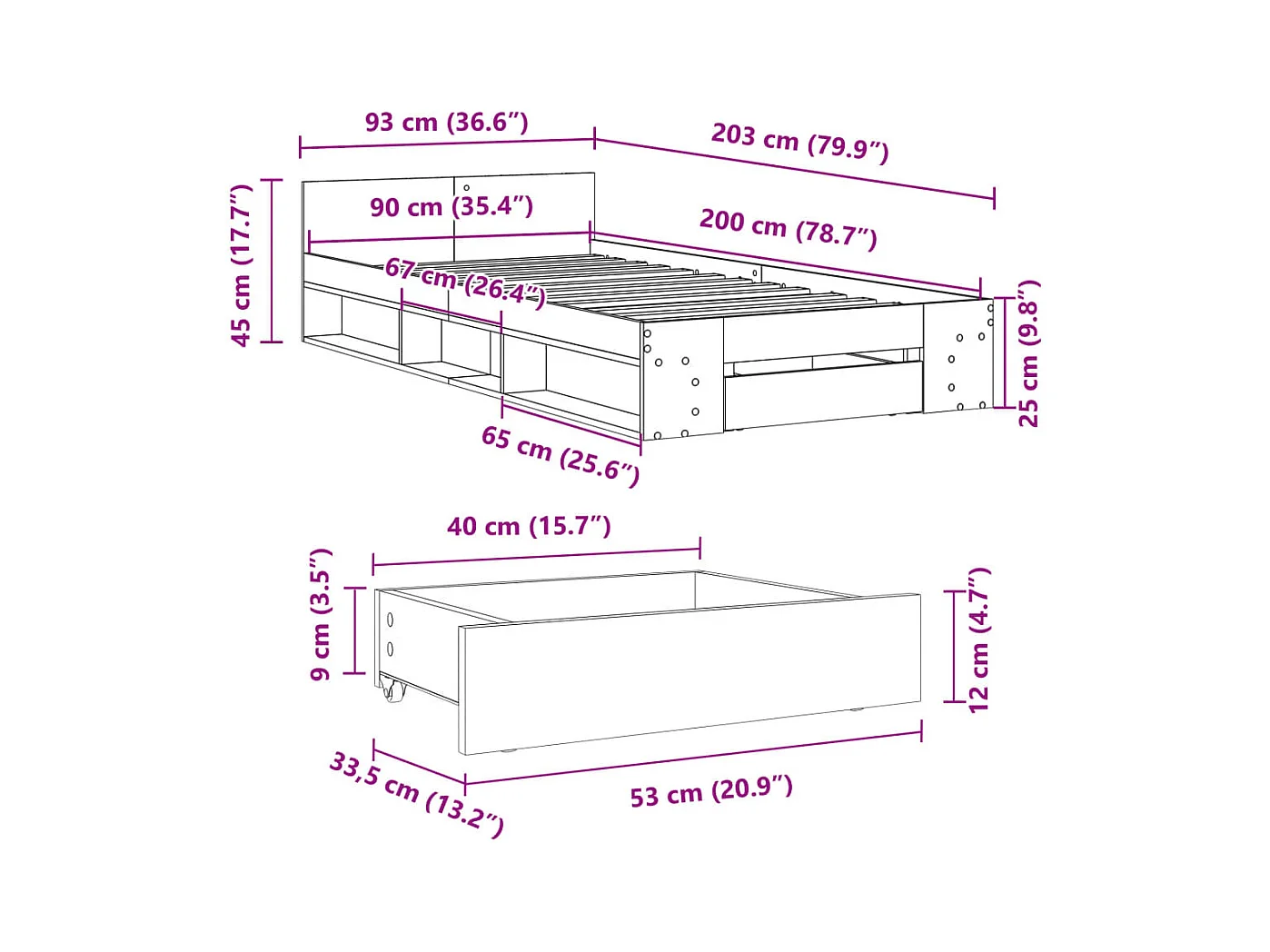 Bettgestell mit Schublade ohne Matratze schwarz 90x200 cm