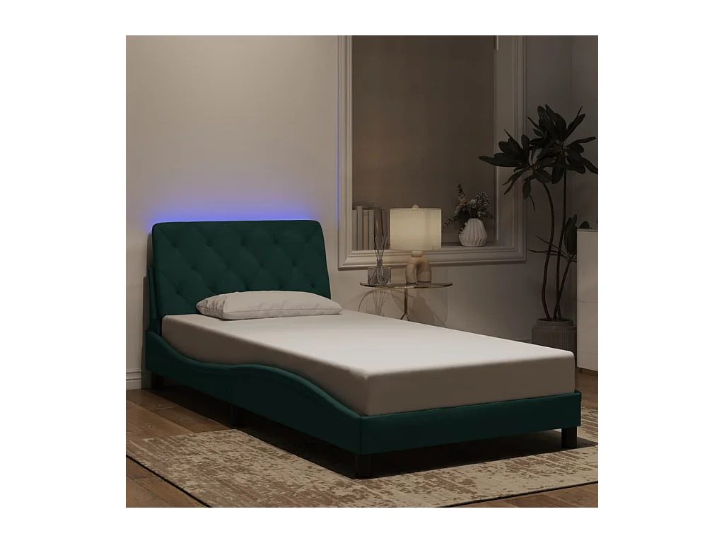 Struttura letto con LED senza materasso verde scuro 100x200cm velluto