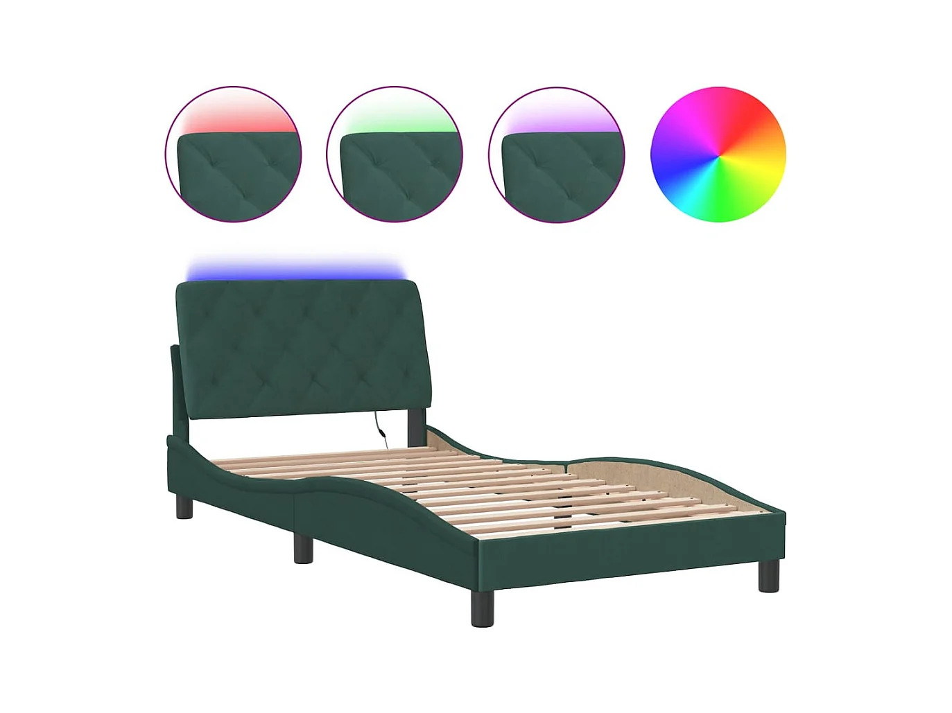 Struttura letto con LED senza materasso verde scuro 100x200cm velluto