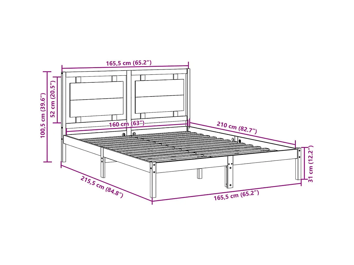 Extra lang bedframe zonder matras 160x210 cm massief hout