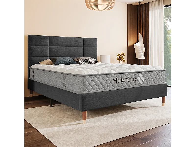 Bed 140x200 cm, frame met lattenbodem en hoofdbord, grijs linnen bed, modern design voor volwassenen en tieners (209x141x101 cm)