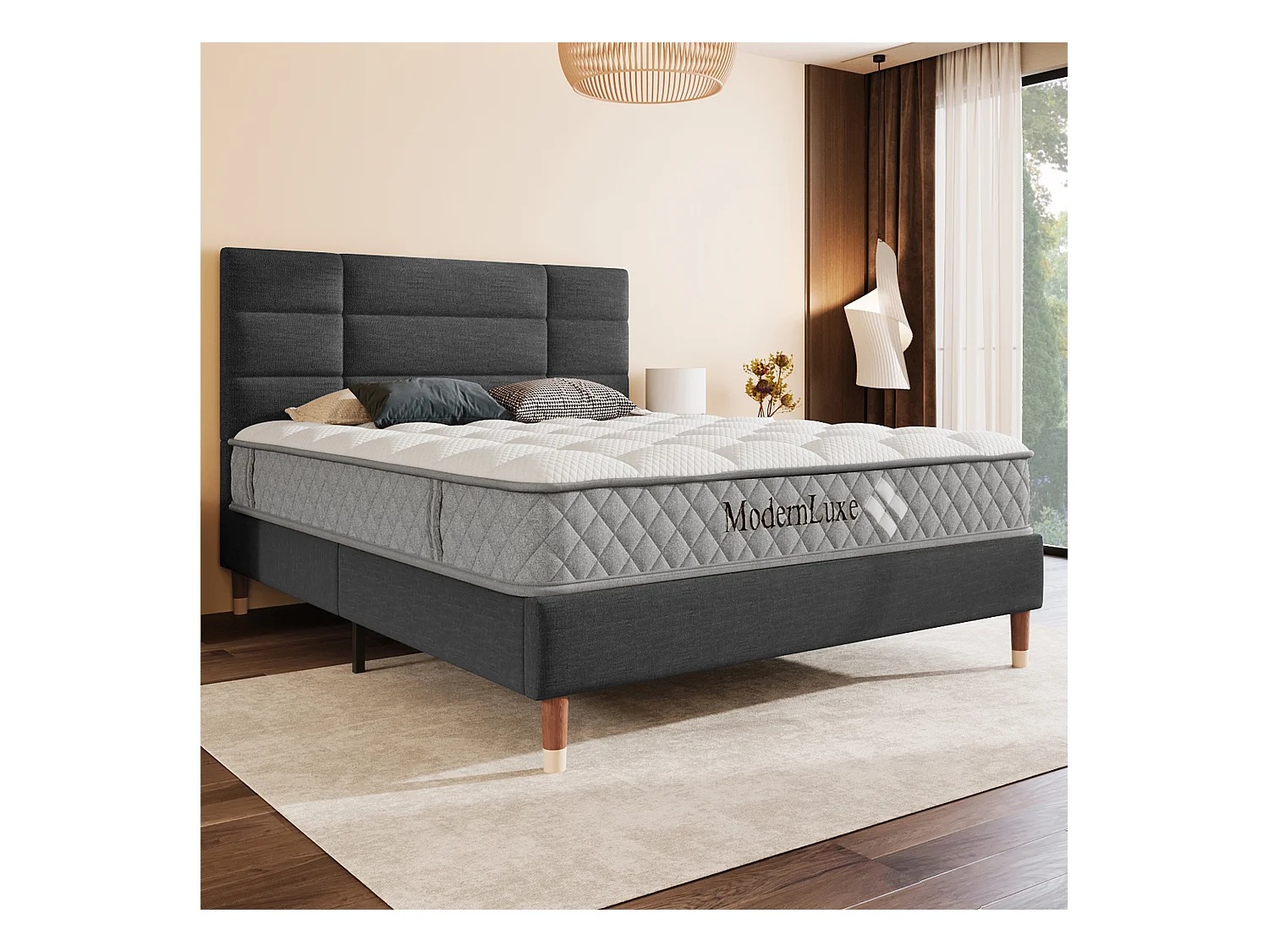 Bed 140x200 cm, frame met lattenbodem en hoofdbord, grijs linnen bed, modern design voor volwassenen en tieners (209x141x101 cm)