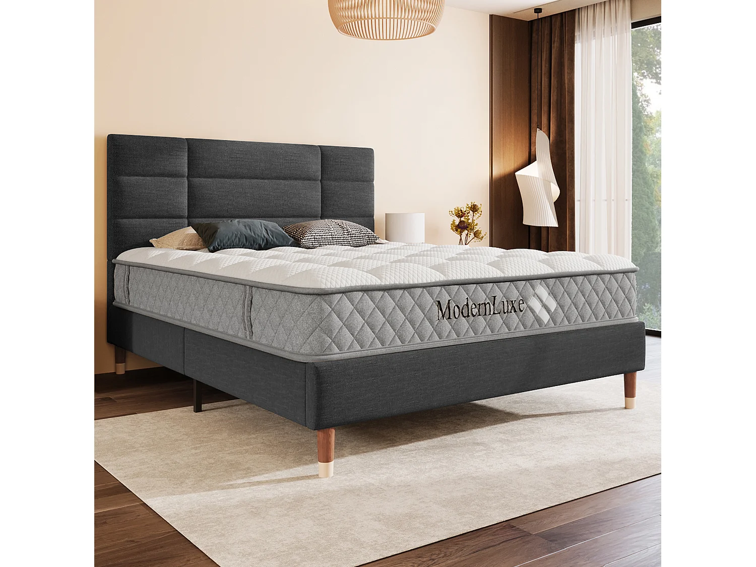 Bed 140x200 cm, frame met lattenbodem en hoofdbord, grijs linnen bed, modern design voor volwassenen en tieners (209x141x101 cm)