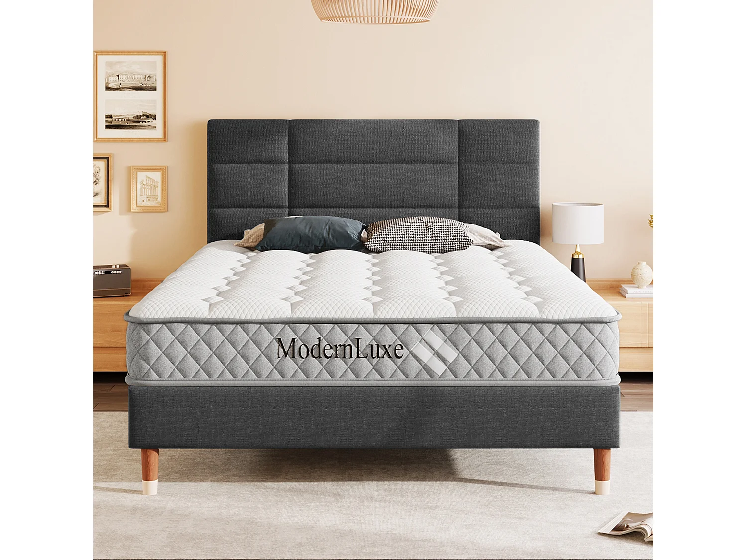 Bed 140x200 cm, frame met lattenbodem en hoofdbord, grijs linnen bed, modern design voor volwassenen en tieners (209x141x101 cm)