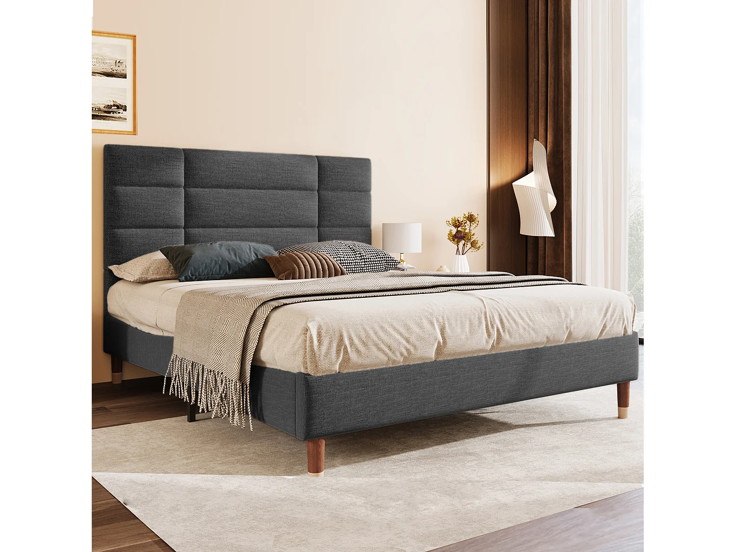 Bed 140x200 cm, frame met lattenbodem en hoofdbord, grijs linnen bed, modern design voor volwassenen en tieners (209x141x101 cm)