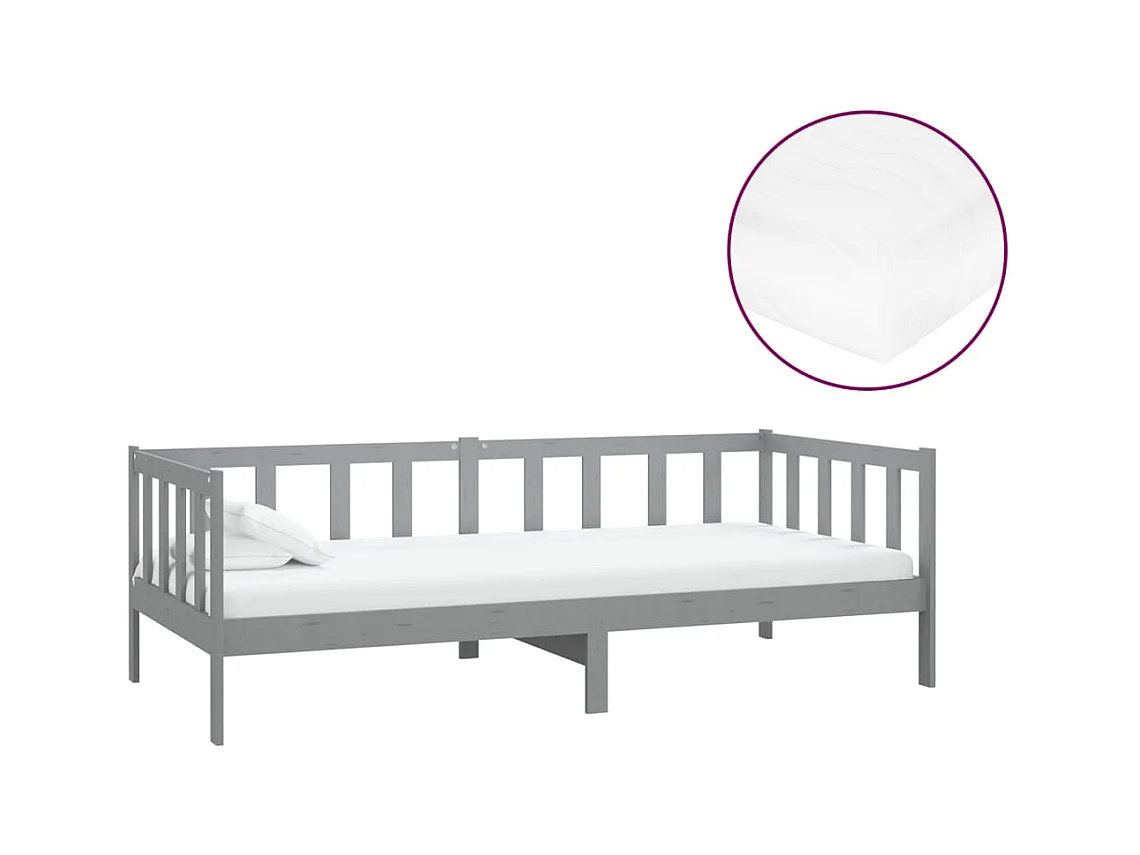 Lit de repos avec matelas 90x200 cm Gris Bois de pin massif