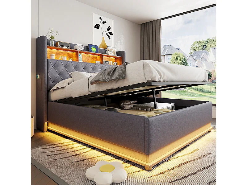 LED-bed 160 x 200 cm, met hydraulische opbergruimte, USB- en Tape-C-aansluiting, linnen stof, grijs (214x166x113 cm)