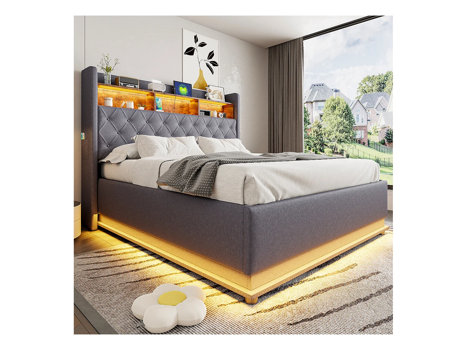 LED-bed 160 x 200 cm, met hydraulische opbergruimte, USB- en Tape-C-aansluiting, linnen stof, grijs (214x166x113 cm)