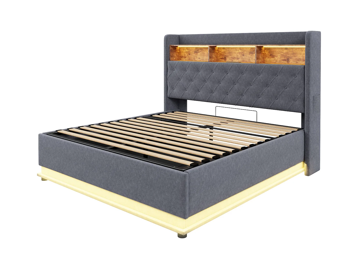 LED-bed 160 x 200 cm, met hydraulische opbergruimte, USB- en Tape-C-aansluiting, linnen stof, grijs (214x166x113 cm)