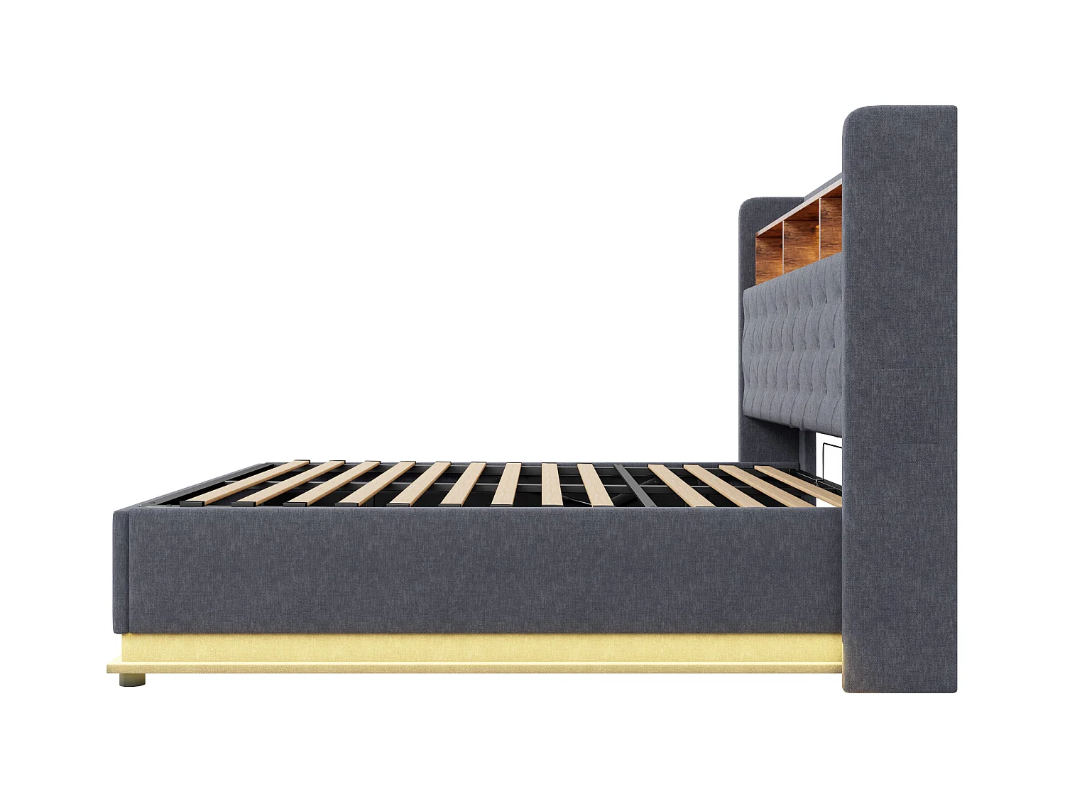 LED-bed 160 x 200 cm, met hydraulische opbergruimte, USB- en Tape-C-aansluiting, linnen stof, grijs (214x166x113 cm)