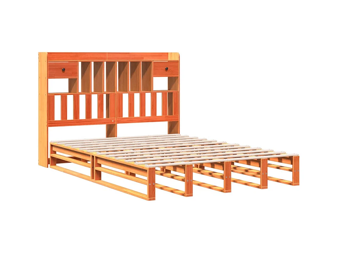 Letto libreria senza materasso, cera marrone, 160x200 cm, pino massiccio
