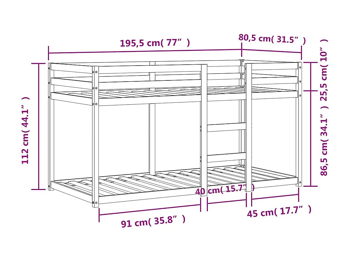 Letto a castello senza materasso cera marrone 75x190 cm pino massello