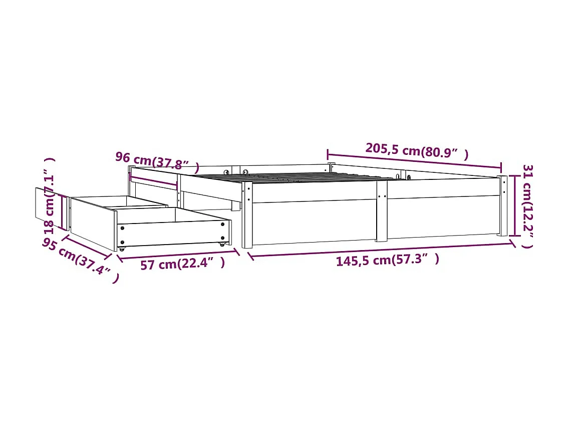 Bettgestell ohne Matratze mit Schubladen 140x200 cm