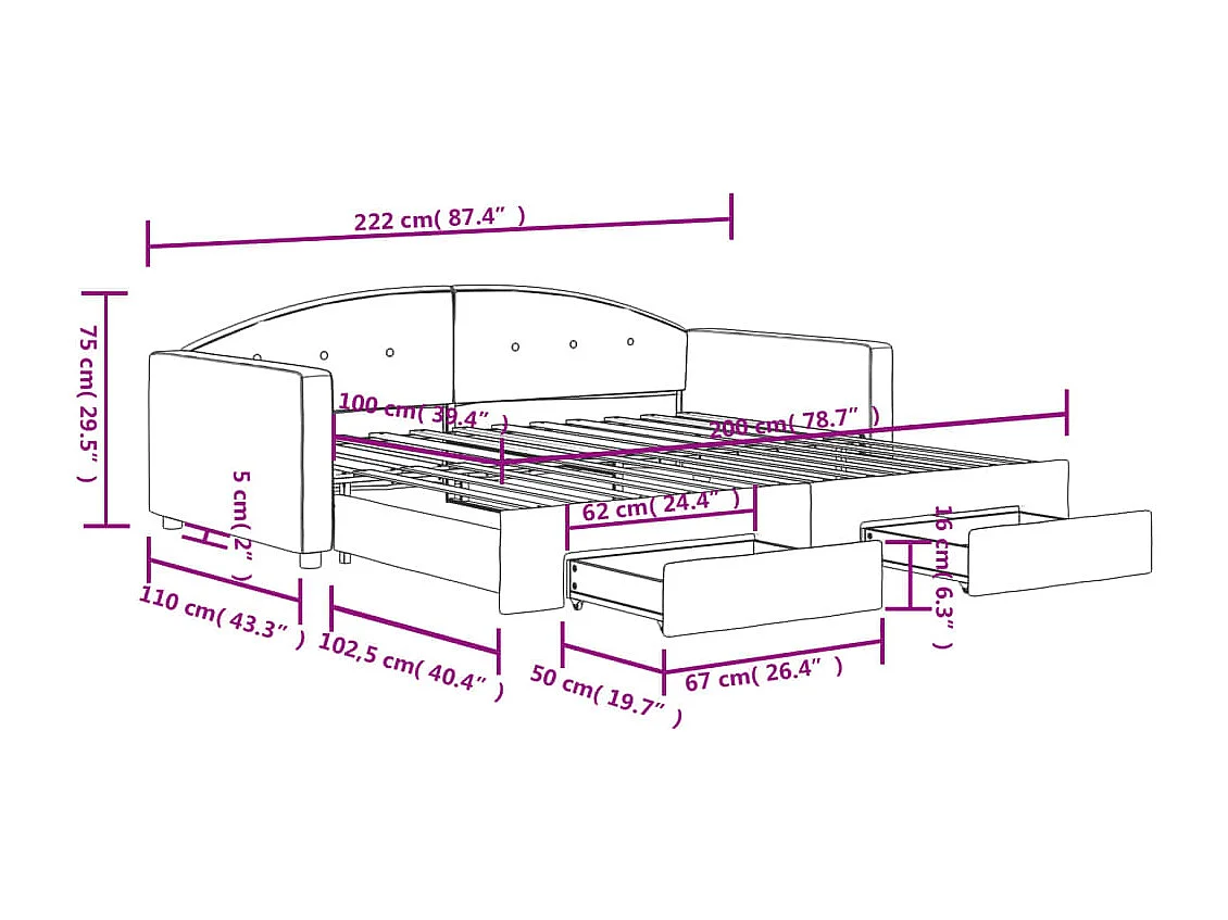 Tagesbett mit Ausziehbett und Schubladen ohne Matratze 100x200 cm
