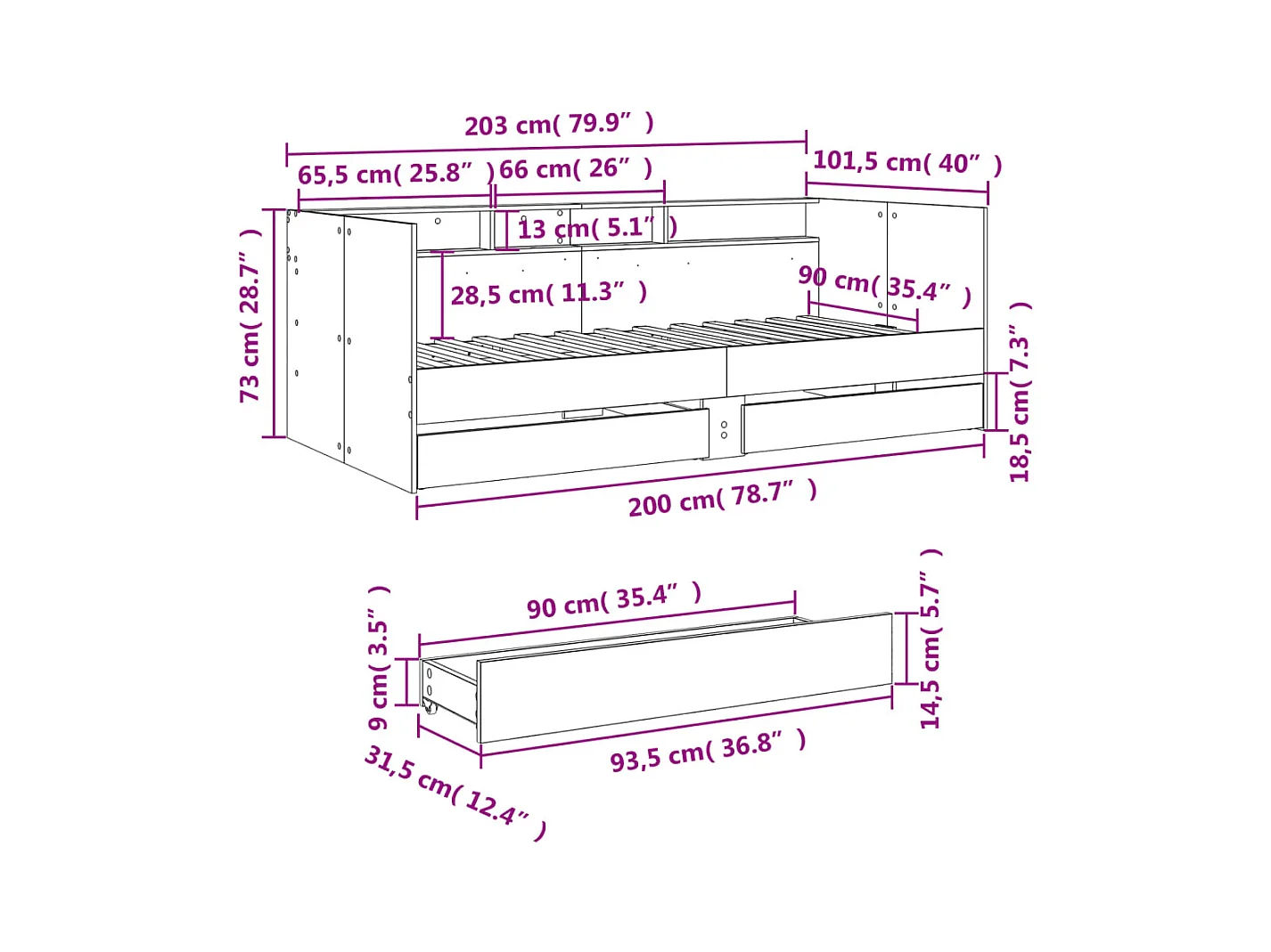 Divano letto con cassetti senza materasso nero 90x200 cm