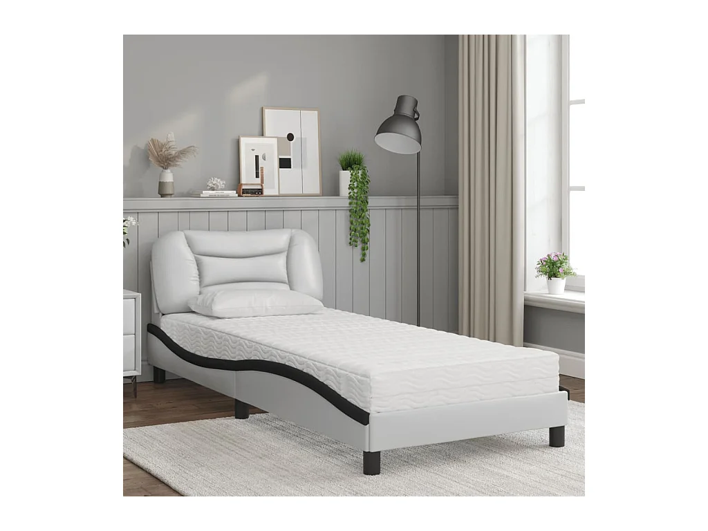 Lit avec matelas blanc et noir 90x190 cm similicuir