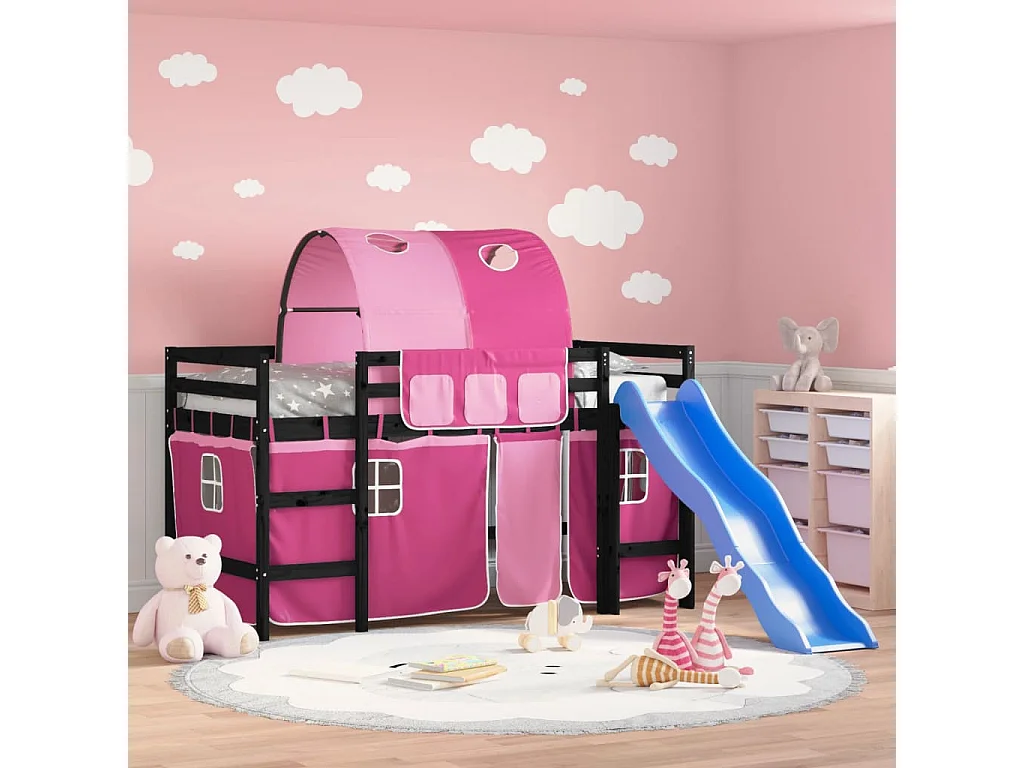 Lit mezzanine enfants avec tunnel sans matelas rose 80x200 cm