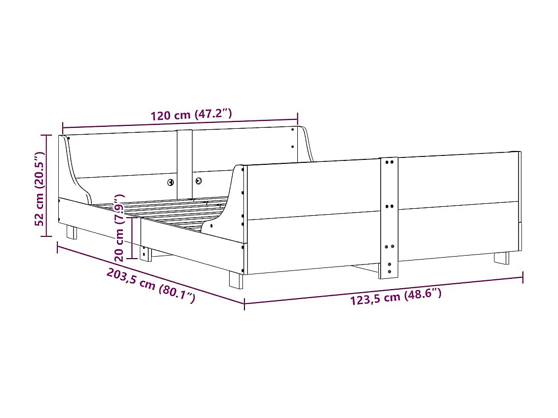 Estructura de cama sin colchón, color marrón cera, 120x200cm, madera maciza de pino