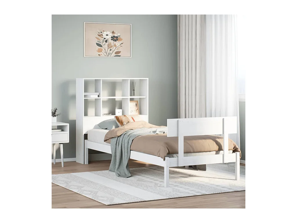 Cama librería blanca sin colchón 90x190cm madera maciza de pino
