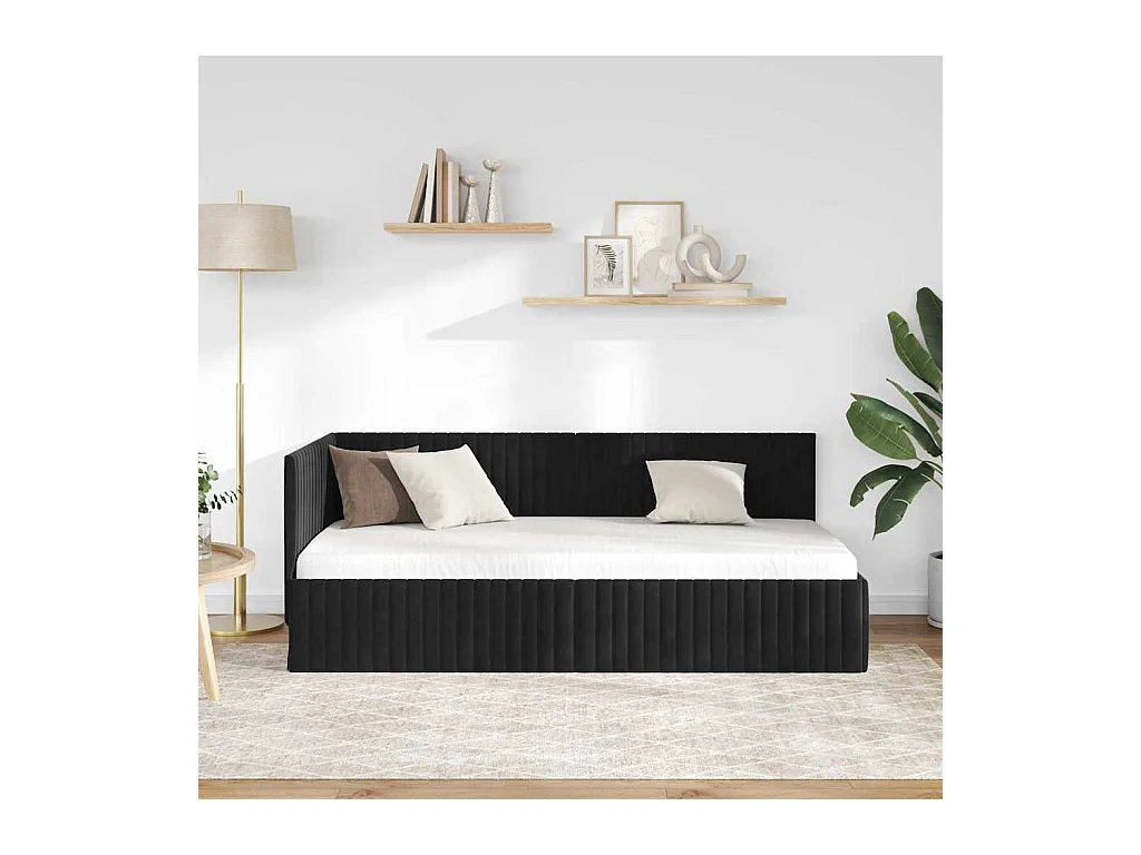 Estructura de cama esquinera con cabecero Terciopelo Negro 90 x 200 cm