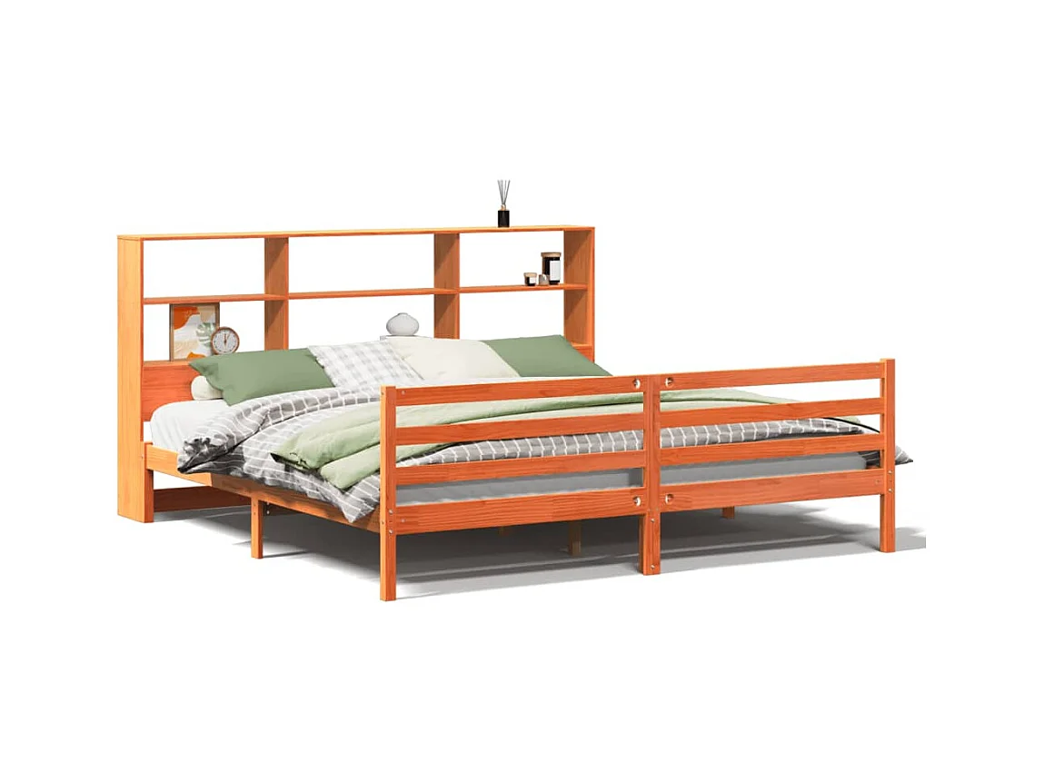 Letto libreria senza materasso, cera marrone, 200x200cm, legno massello