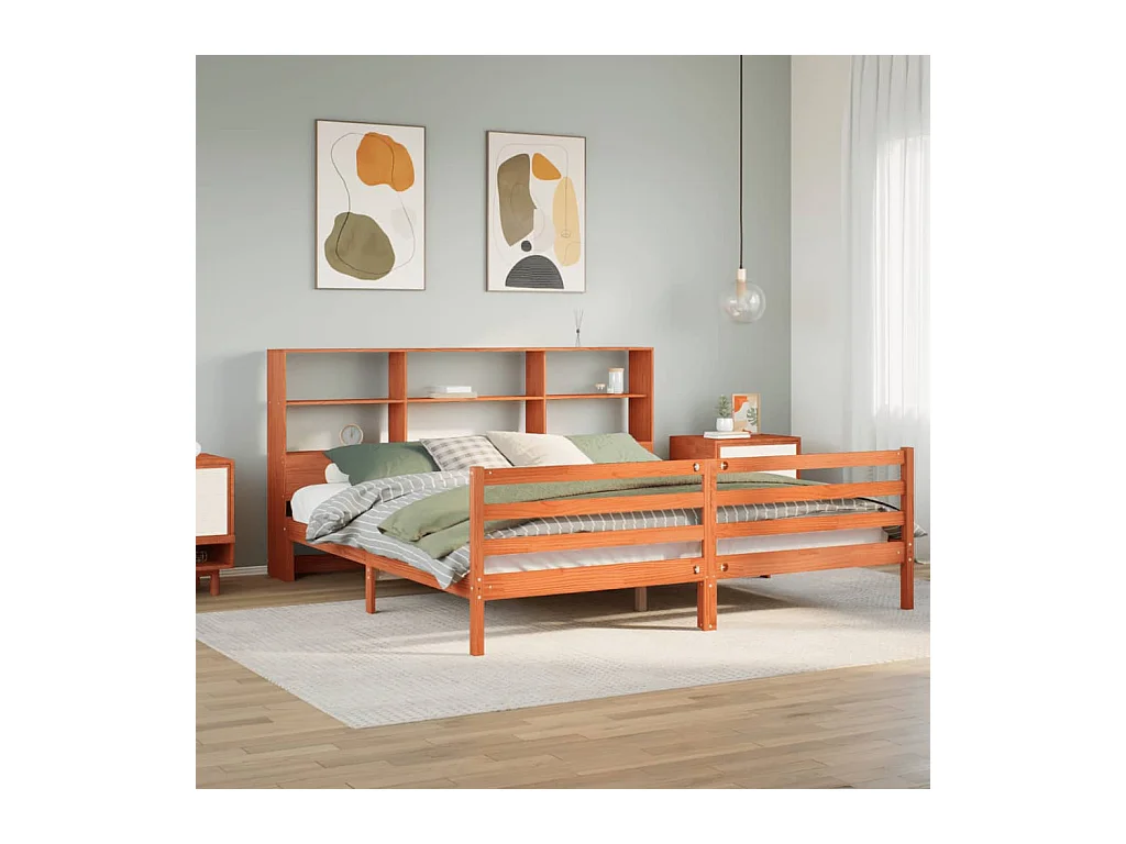 Cama librería sin colchón, color marrón cera, 200x200cm, madera maciza