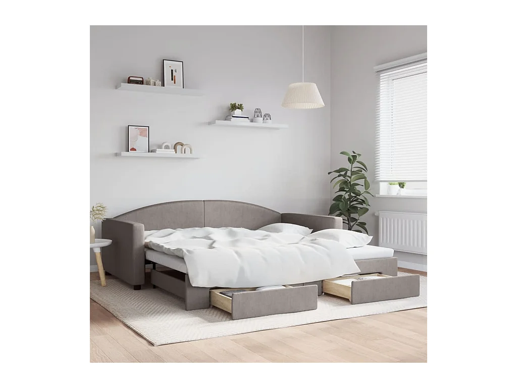Lit de jour avec gigogne et tiroirs taupe 100x200 cm tissu