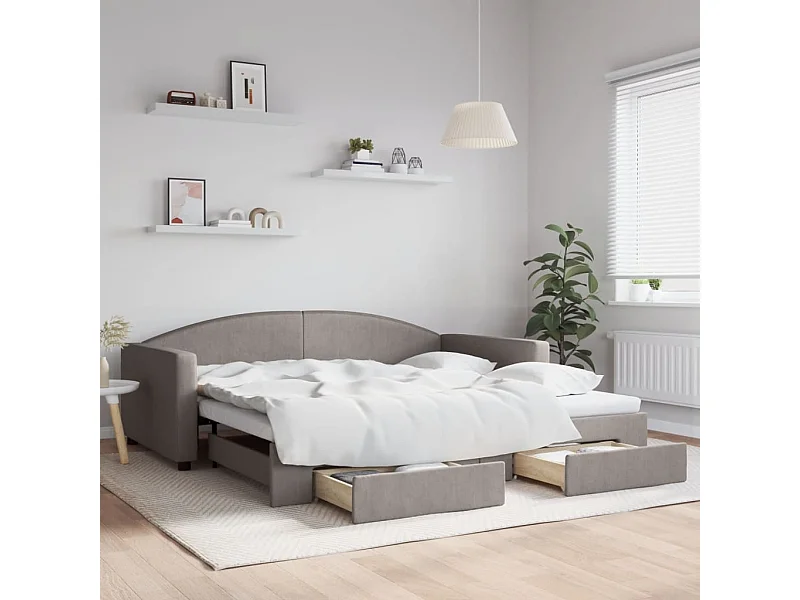 Lit de jour avec gigogne et tiroirs taupe 100x200 cm tissu