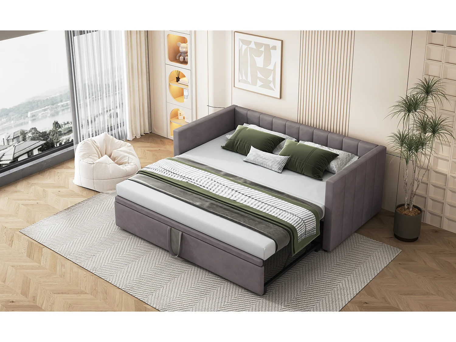 Canapé-lit convertible 90/180x200 cm avec sommier à lattes, lit multifonction en velours doux gris, design moderne (213x188x74 cm)