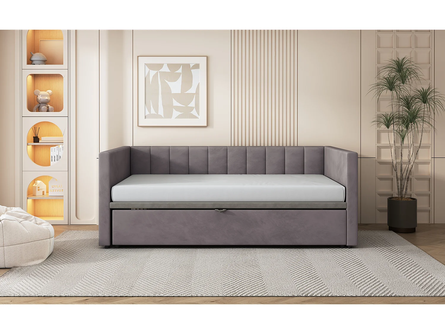 Canapé-lit convertible 90/180x200 cm avec sommier à lattes, lit multifonction en velours doux gris, design moderne (213x188x74 cm)