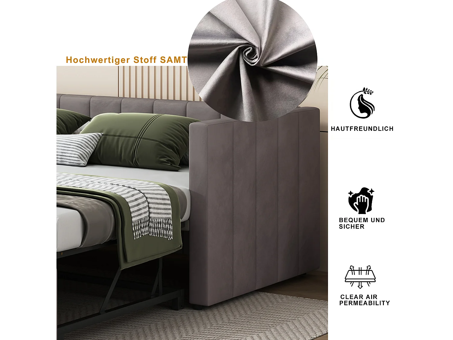 Canapé-lit convertible 90/180x200 cm avec sommier à lattes, lit multifonction en velours doux gris, design moderne (213x188x74 cm)