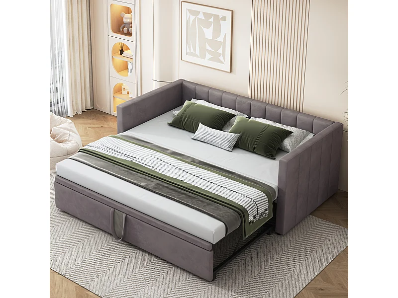 Slaapbank 90/180x200 cm met lattenbodem, multifunctioneel bed in zacht grijs fluweel, modern design (213x188x74 cm)