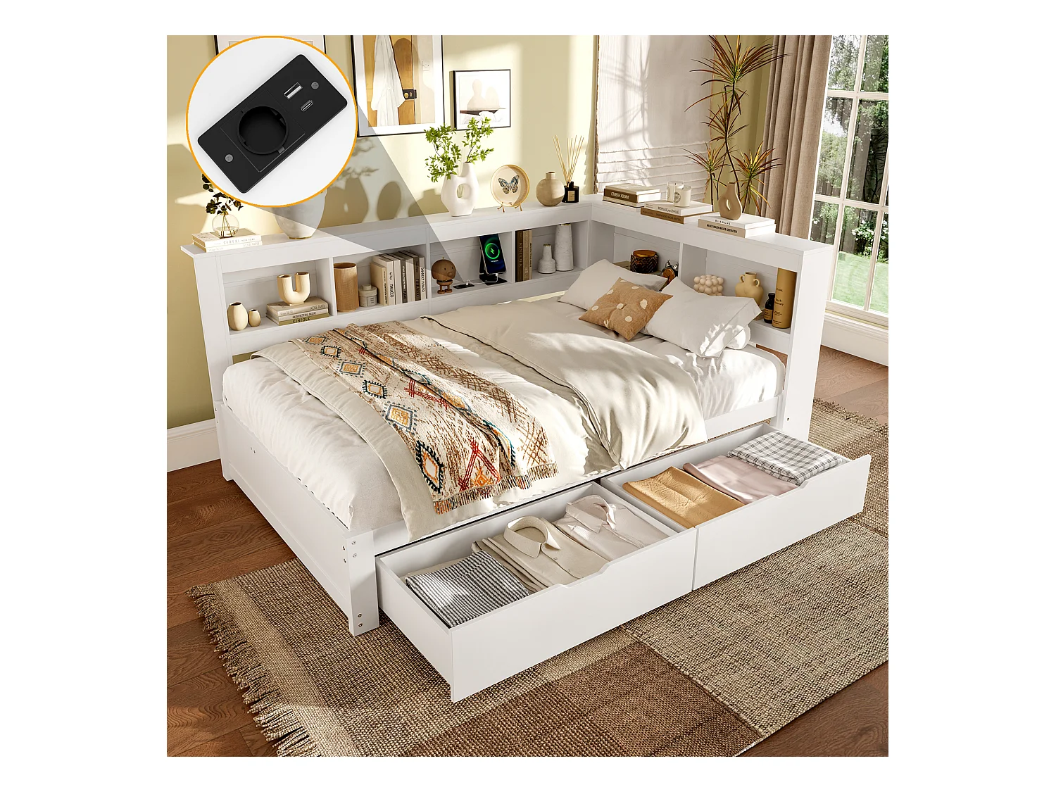 Lit Daybed 140x200 cm, canapé-lit avec deux tiroirs, prise de courant et 2 ports USB, pin, blanc (219x167x90 cm)