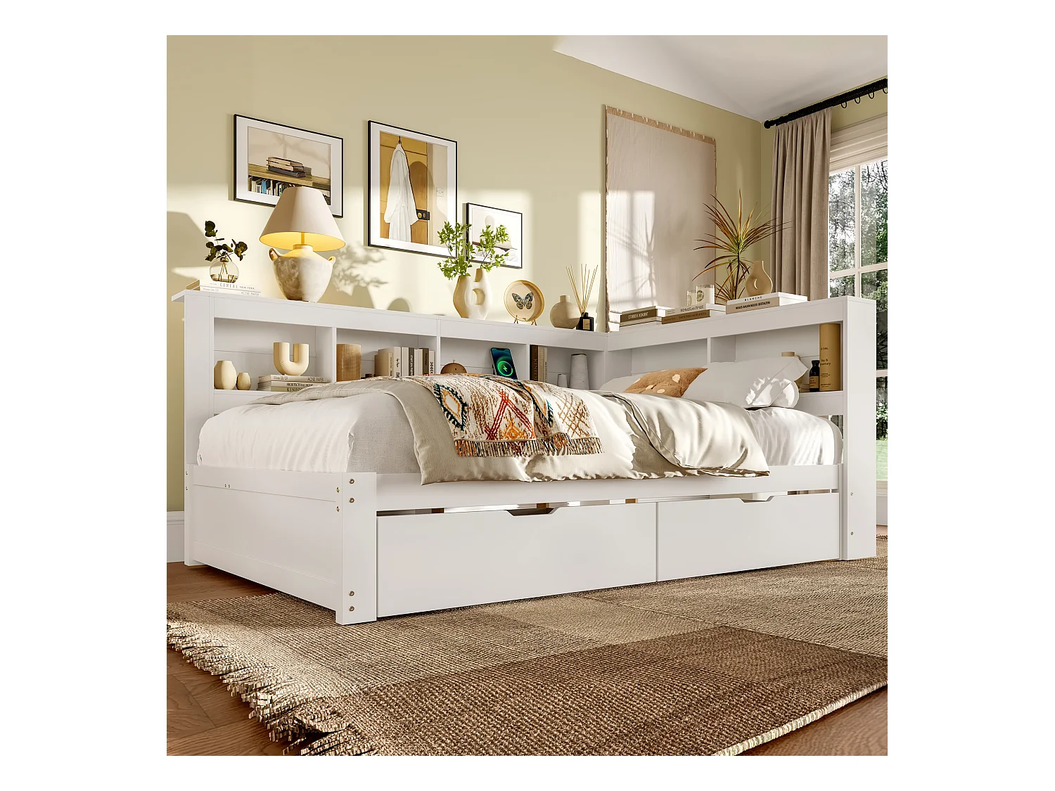 Lit Daybed 140x200 cm, canapé-lit avec deux tiroirs, prise de courant et 2 ports USB, pin, blanc (219x167x90 cm)