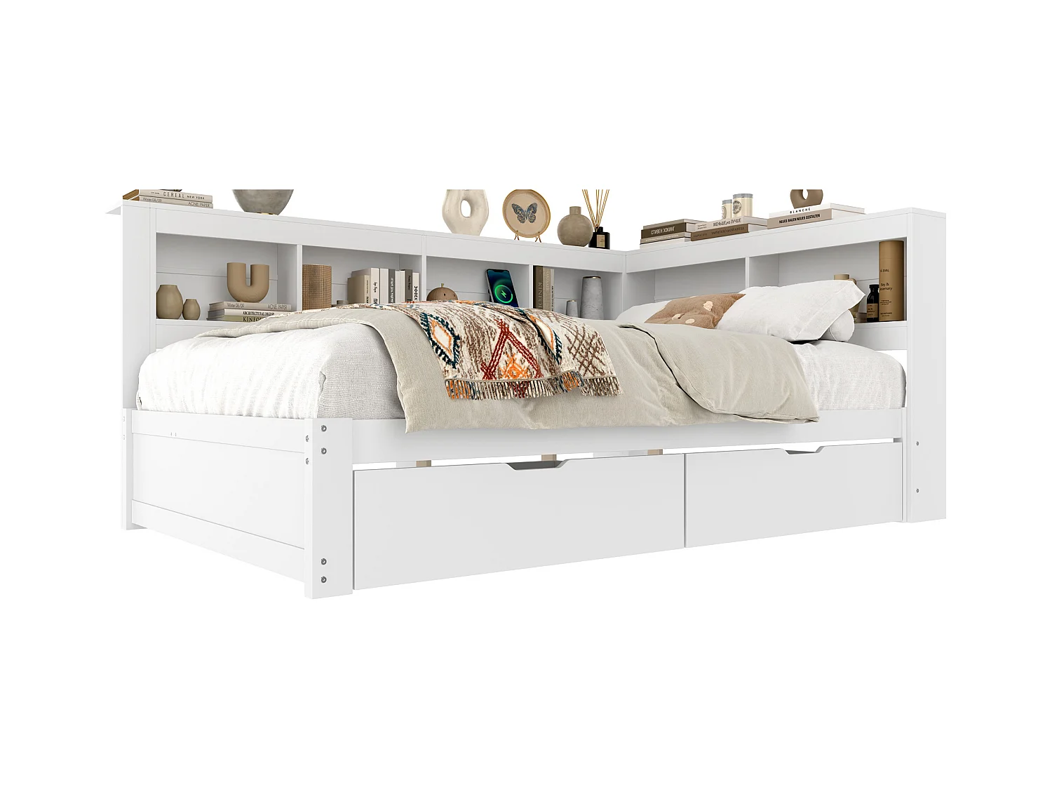 Lit Daybed 140x200 cm, canapé-lit avec deux tiroirs, prise de courant et 2 ports USB, pin, blanc (219x167x90 cm)